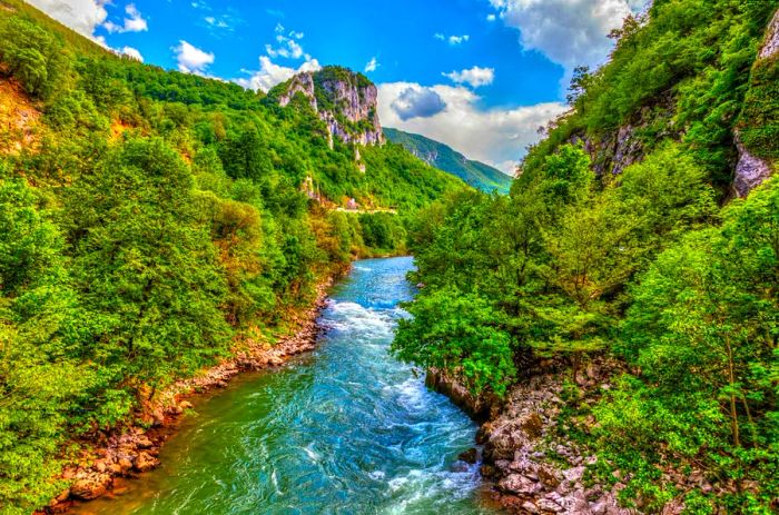 A vibrant turquoise river flows through a gorge on a bright, sunny day.