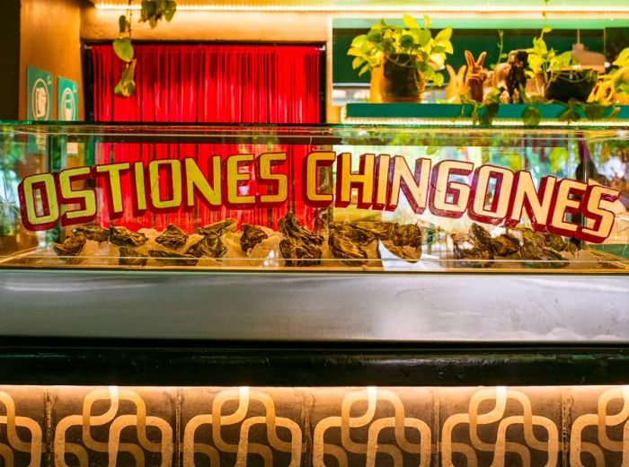 A lengthy oyster bar behind glass displays the words “ostiones chingognes” in painted letters.