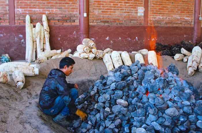 A man kneels beside a large pile of glowing coals.