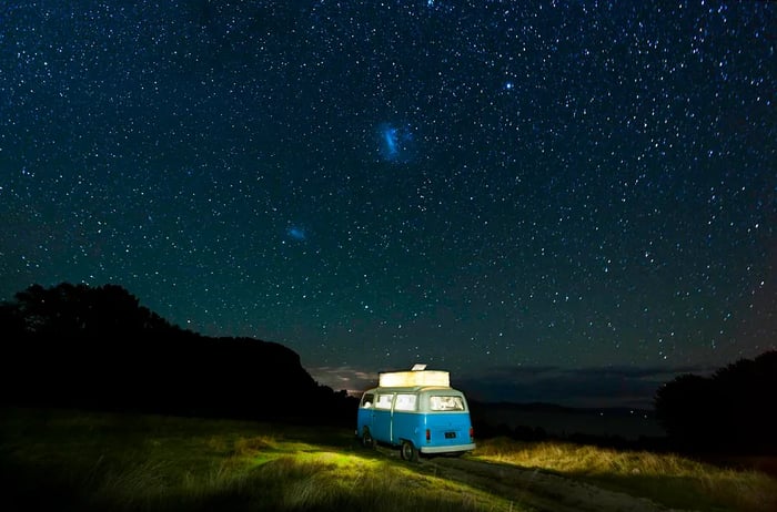 A campervan beneath a starry sky at Lake Taupo, North Island, New Zealand