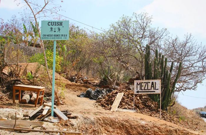 A road sign indicating the direction to 'mezcal.'