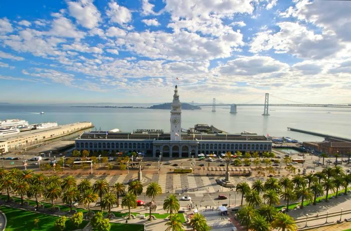 Aerial view of the San Francisco Ferry Building in the morning light.