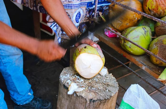 A machete slices into a fresh coconut.