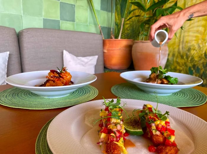 A beautifully arranged table displaying an array of seafood dishes against a lush green textured wall.