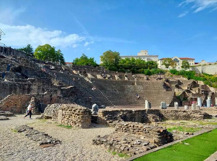 The remnants of an ancient Roman theater atop Fourvière Hill in Lyon, France