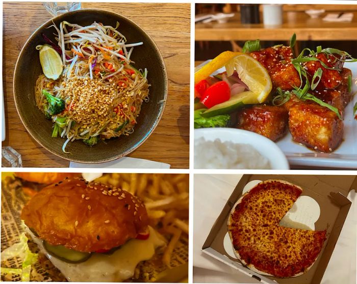 Top left: a bowl filled with noodles and vegetables; top right: tofu; bottom left: a plant-based burger; bottom right: a cheese pizza