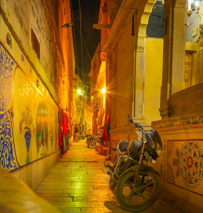 Wandering through the quiet streets of the Jaisalmer fort after the market has closed in Rajasthan, India.