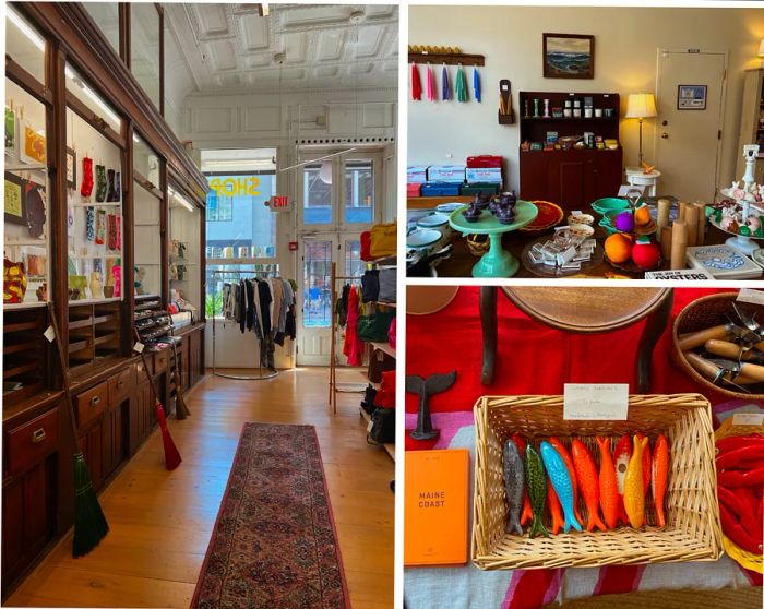 Left: a shop aisle filled with artistic items and bags; top right: a shelf brimming with small treasures; bottom right: ceramic fish nestled in a basket