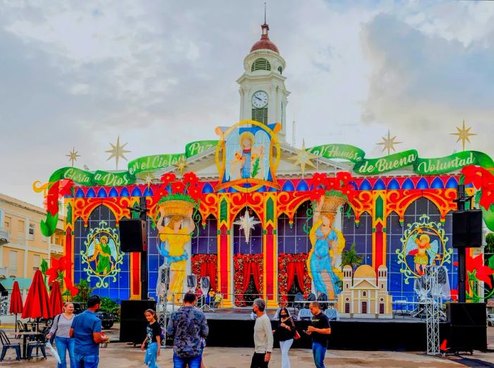 The city hall adorned with vibrant Christmas decorations in Mayagüez, Puerto Rico