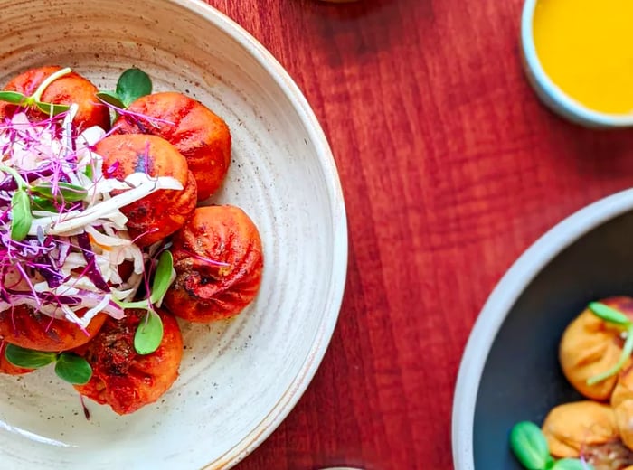 Two plates of colorful dumplings, one garnished with sliced cabbage and microgreens.