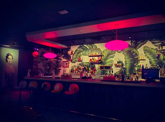 A dimly lit bar adorned with palm leaf wallpaper, deep pink hanging lanterns, and a striking portrait of a woman on the wall.