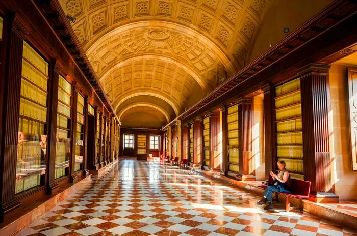 A visitor at the Archivo General de Indias in Seville, a stunning example of Spanish Renaissance architecture.