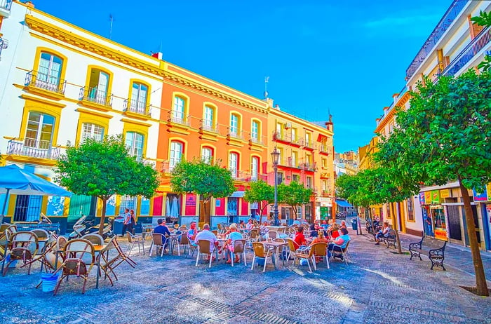 The quaint Plaza de San Andres features outdoor café seating in Seville.