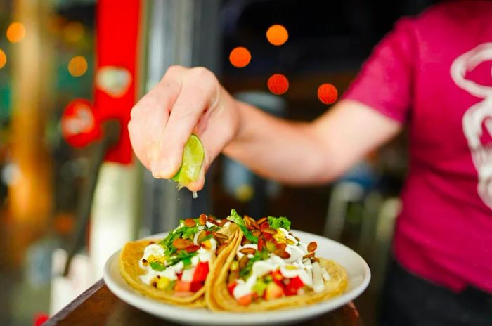 Tacos served at El Barrio restaurant in Birmingham, Alabama