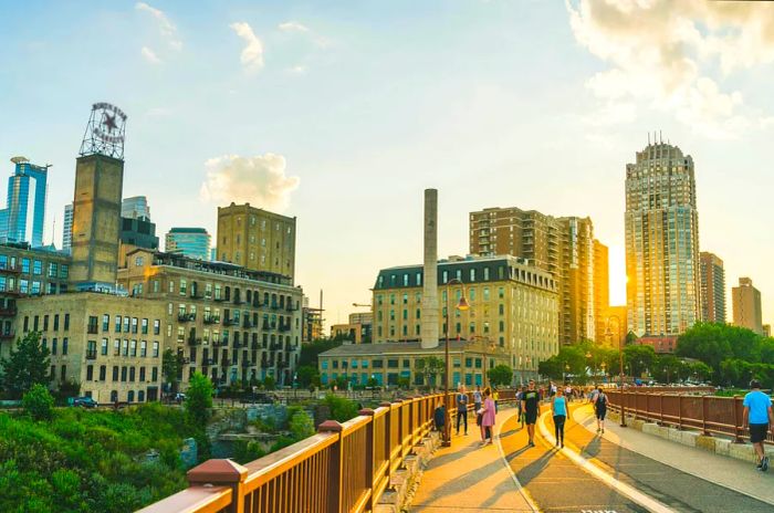 People walk across a bridge leading toward towering buildings as the sun sets.