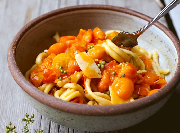 A dish of pasta featuring tomatoes and garlic.