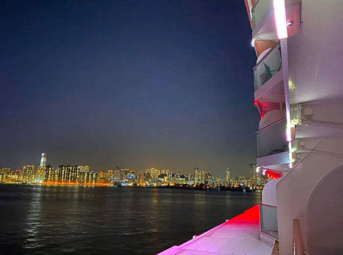 The nighttime view from a cruise ship overlooking Hong Kong.