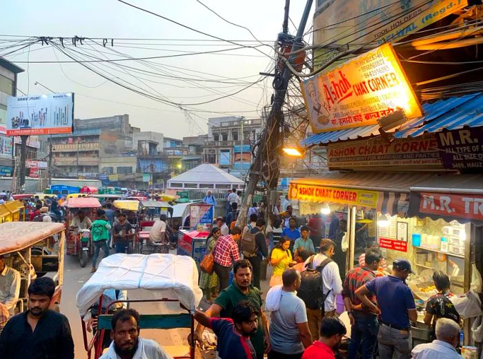 A bustling street scene in New Delhi.