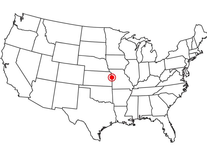 A US map highlighting Kansas City with a red dot.