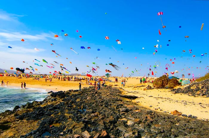 A vibrant array of kites soaring above a sandy beach on a blustery day, with rocky formations in the foreground.