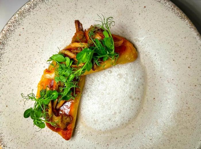 A top-down shot of two pierogies elegantly plated with edible foam and garnished with microgreens.