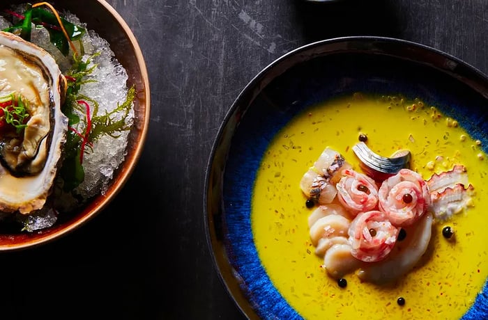 An aerial perspective of a completed ceviche in a bright yellow broth, alongside a large oyster on ice in a separate bowl.