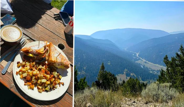 Left: The famous Monte Cristo sandwich from Feed Café Bozeman, Right: Gallatin Highway as seen from the top of Lemonknob Loop.