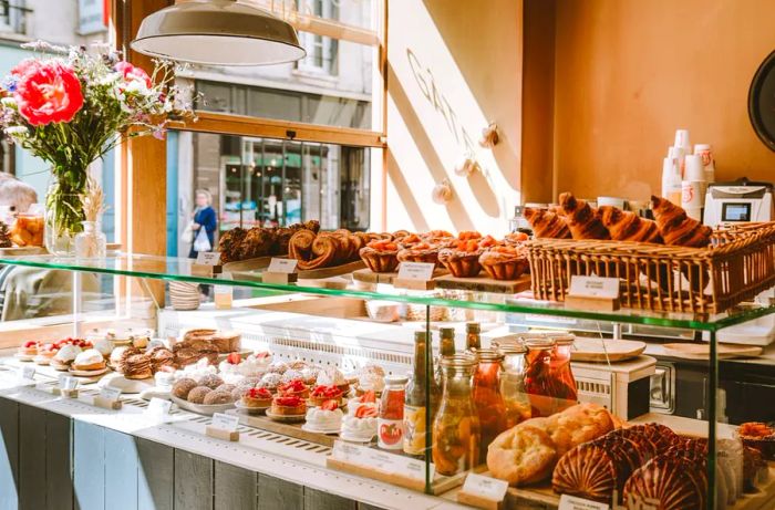 A bright pastry display features a basket of croissants, an array of pastries, bottles of sweet beverages, and a bouquet of fresh flowers.