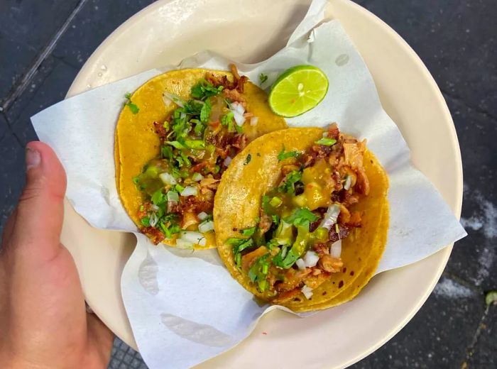 From above, two tacos on corn tortillas garnished with tripas, onions, and salsa, resting on a plate held above the ground.