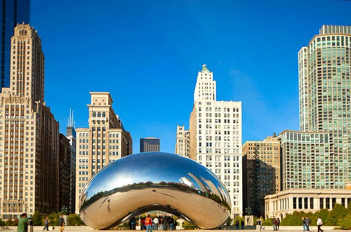 Cloud Gate, affectionately known as 'the Bean,' is located in Millennium Park, Chicago.