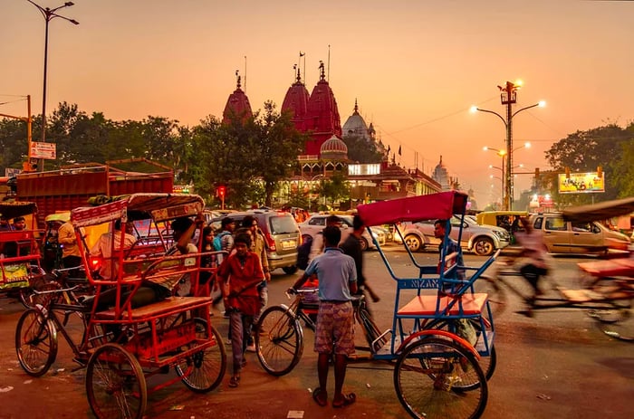 Chandni Chowk market is bustling with busy street traffic.