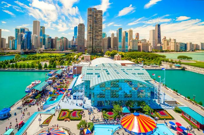 A stunning view of central Chicago from the Navy Pier Ferris wheel on a sunny day.