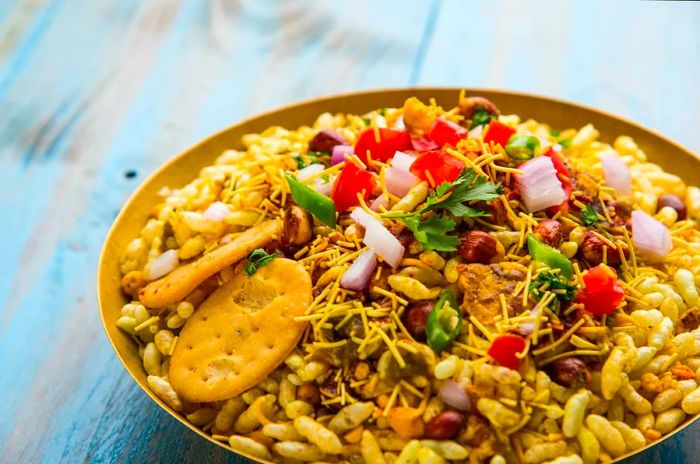 A serving of bhelpuri, a beloved savory snack from Mumbai, India.