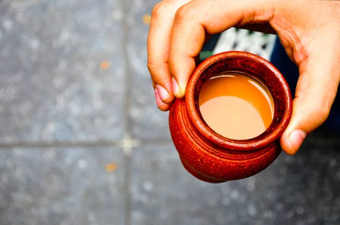 Chai served in a kulhad (traditional handle-less clay cup) in India.