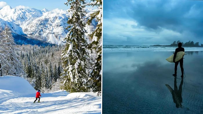 A skier in red navigates the slopes in Slovenia; a surfer enjoys the storms on Vancouver Island.