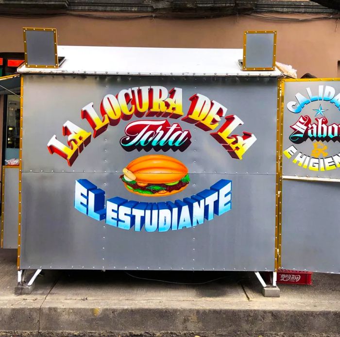 Before and after images of two food stands. One displays La Locura de la Torta El Estudiante with bold lettering and an illustration of a torta. The other features Yovas Jugos y Algo Mas, adorned with fruit illustrations. Both were replaced by a small sign representing the Cuauhtémoc district in the later images.