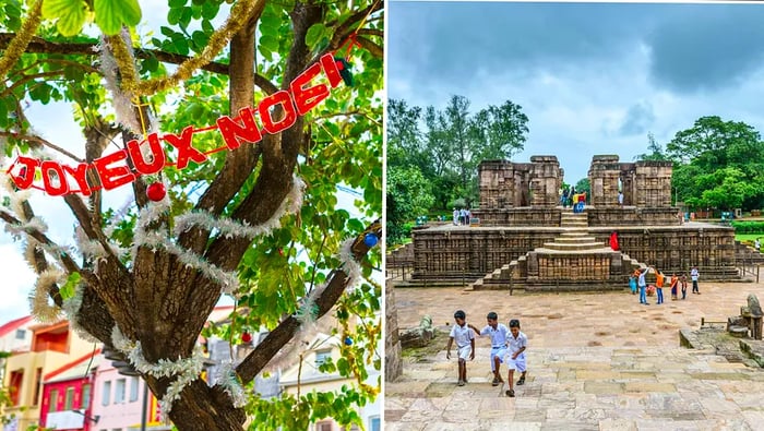 A sign reading 'joyeux noel' dangles from a tropical tree, while children play around a monument in India.