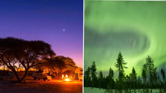 A bush camp in Central Kalahari; the breathtaking northern lights in Arctic Sweden.