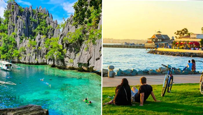 Left: snorkelers explore the turquoise waters of the Philippines. Right: friends enjoy the sunset in San Diego while beside their bikes.