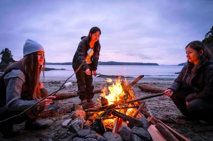 A group of young women toasting marshmallows over a campfire on a secluded beach