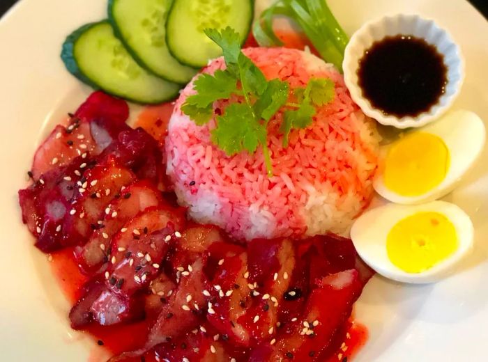 A plate presents strips of meat garnished with sesame seeds, accompanied by a mound of rice, a halved boiled egg, cucumber slices, and a rich dark sauce.