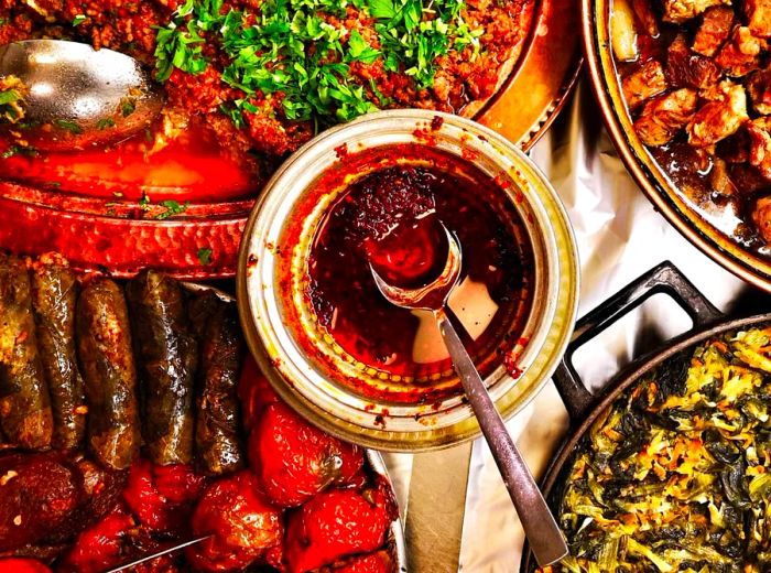 An overhead view of a table filled with an array of dishes, including stuffed grape leaves, rice, meats, and chili sauce.