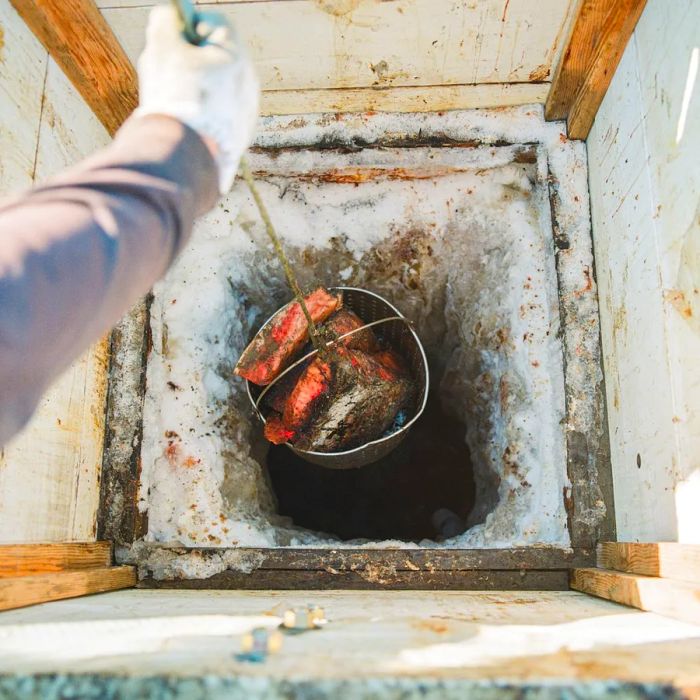 A metal bucket containing pink pieces is lifted from a dark square ice freezer.