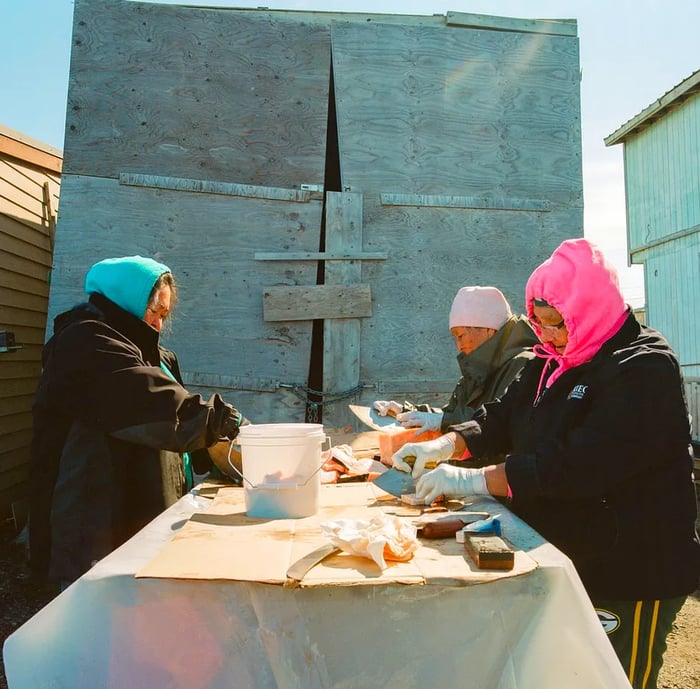 Three women clad in hooded sweatshirts and snug jackets gather around a covered table, cutting pieces of maktak.