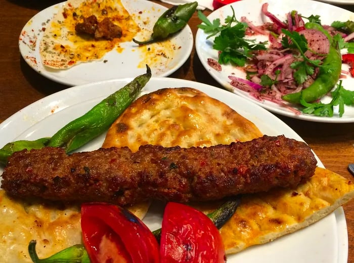 A plate of kebab accompanied by flatbread and vegetables.