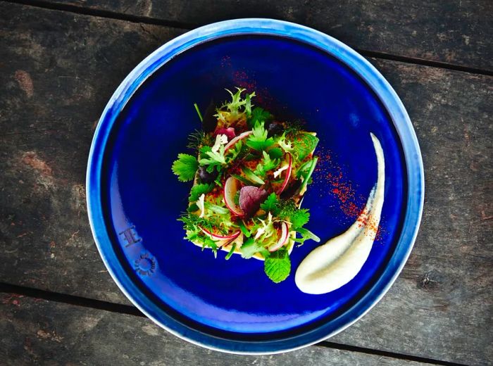 Aerial view of a vibrant green dish garnished with herbs, elegantly arranged on a deep blue plate.