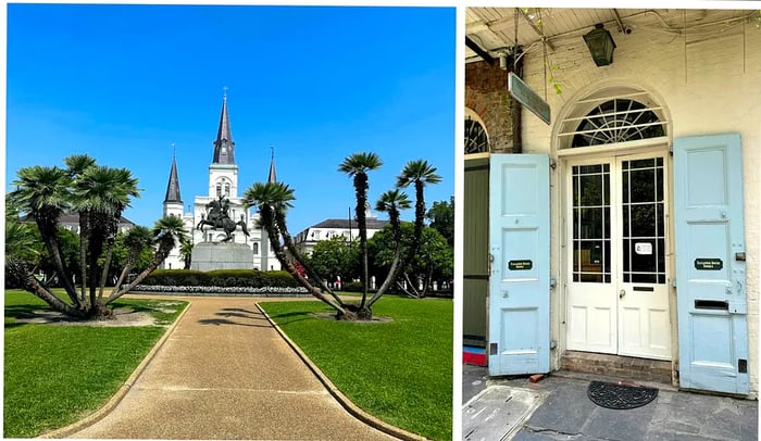 Left: a majestic church featuring three pointed spires; right: an entrance to a bookstore