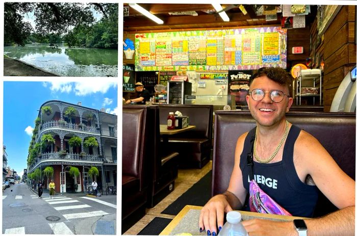 Top left: a tranquil pond in a park; bottom left: a beautifully ornate balcony with hanging planters; right: the author happily sitting in a diner booth