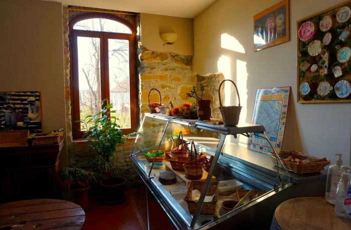 A quaint, rustic shop features a stone wall and is bathed in sunlight from expansive windows. A deli case showcases wicker baskets and fresh flowers.