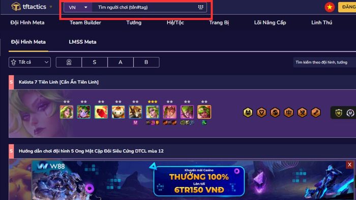 Hướng dẫn xem lịch sử trận đấu TFT trên trang web TFTPlus.org bước 1